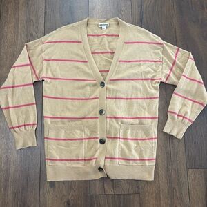 Vigoss Beige and Pink Striped Cardigan with Pockets, Size Small
